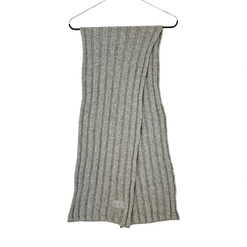 Enrico Coveri Wool Scarf Grey Ribbed Knit Embroidery Logo minimal capsule luxury